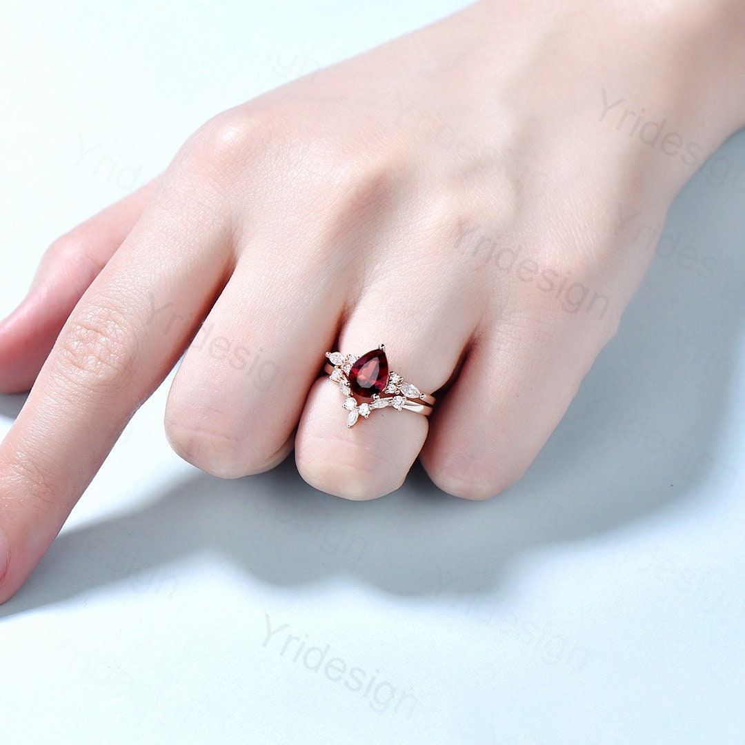 Vintage pear shaped garnet engagement ring set 14k rose gold marquise cut moissanite ring for women unique bridal wedding ring set