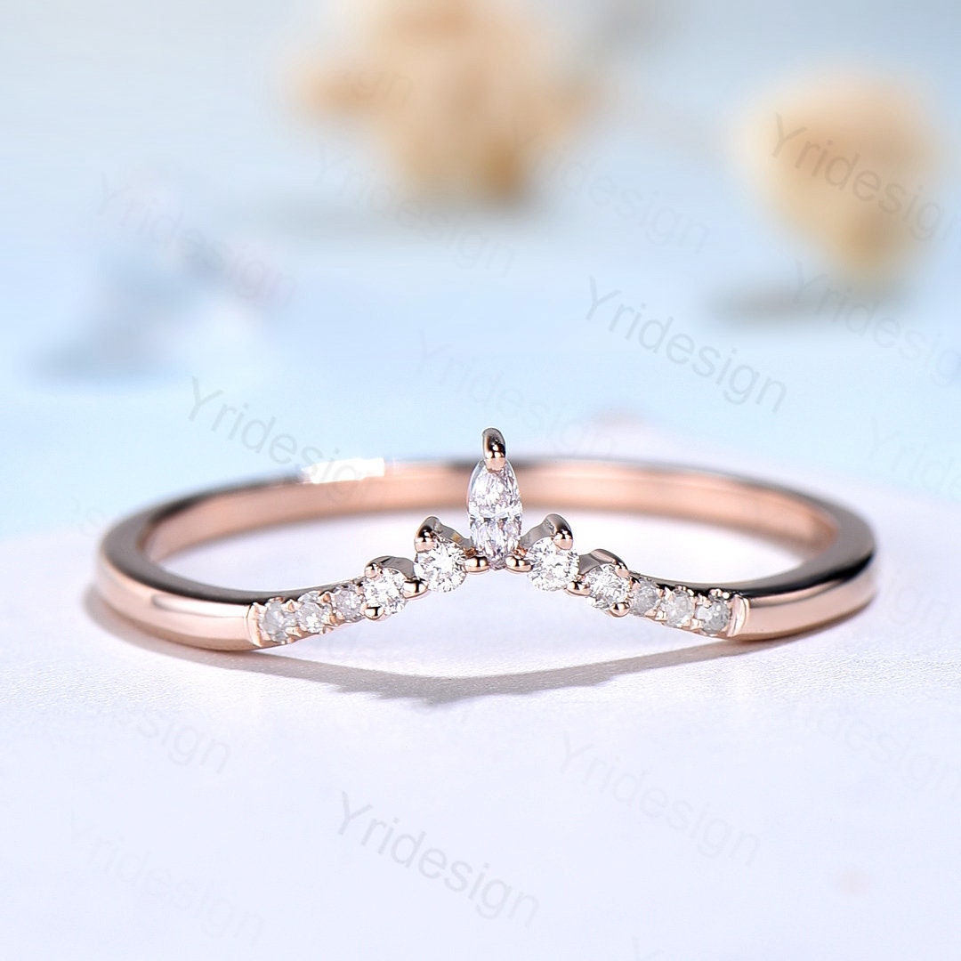 Curved wedding band rose gold marquise cut diamond Moissanite band Women Chevron Matching Stacking ring Unique band Promise Anniversary band