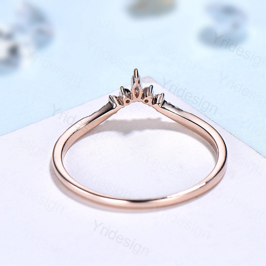 Curved wedding band rose gold marquise cut diamond Moissanite band Women Chevron Matching Stacking ring Unique band Promise Anniversary band
