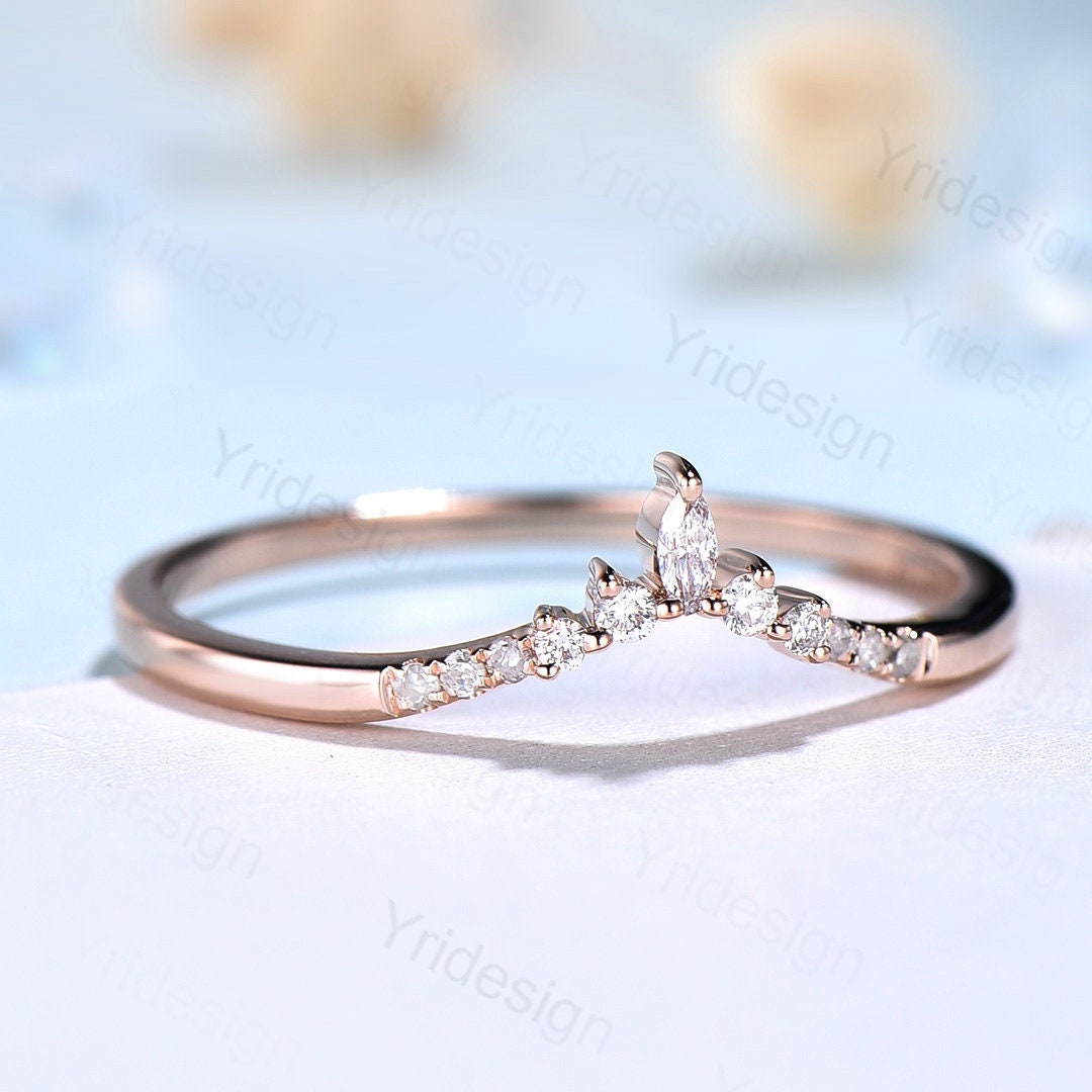 Curved wedding band rose gold marquise cut diamond Moissanite band Women Chevron Matching Stacking ring Unique band Promise Anniversary band