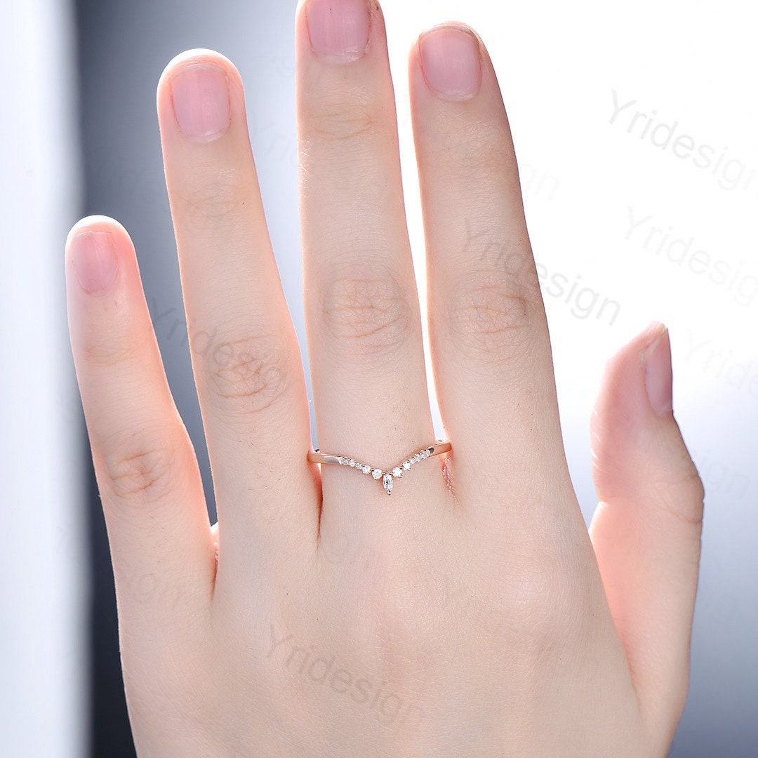 Curved wedding band rose gold marquise cut diamond Moissanite band Women Chevron Matching Stacking ring Unique band Promise Anniversary band