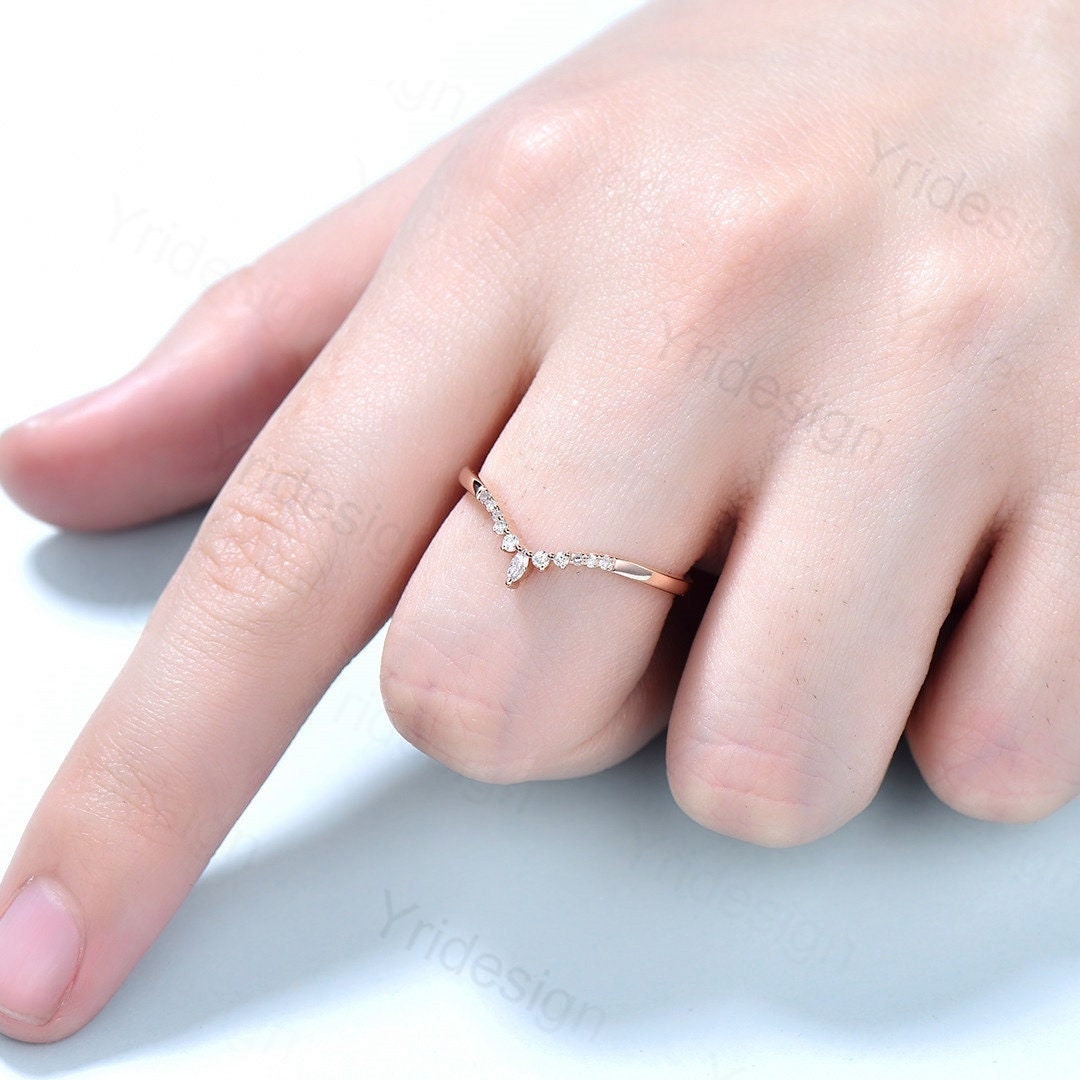 Curved wedding band rose gold marquise cut diamond Moissanite band Women Chevron Matching Stacking ring Unique band Promise Anniversary band
