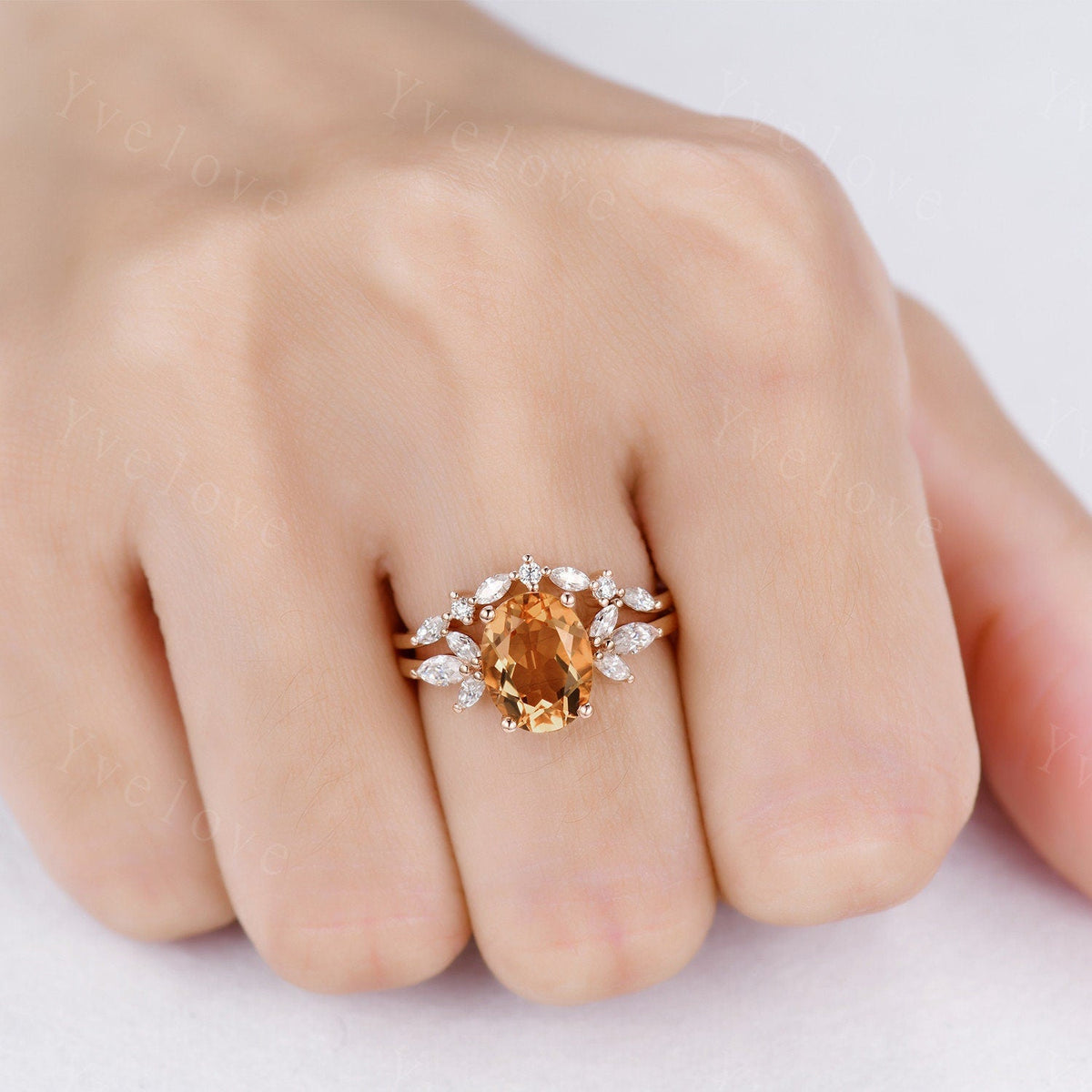 9x7mm Citrine Ring for Women, Citrine Wedding Ring Set, November Birthstone, Oval Cut Citrine, Moissanite Eternity Wedding Band, Art Deco