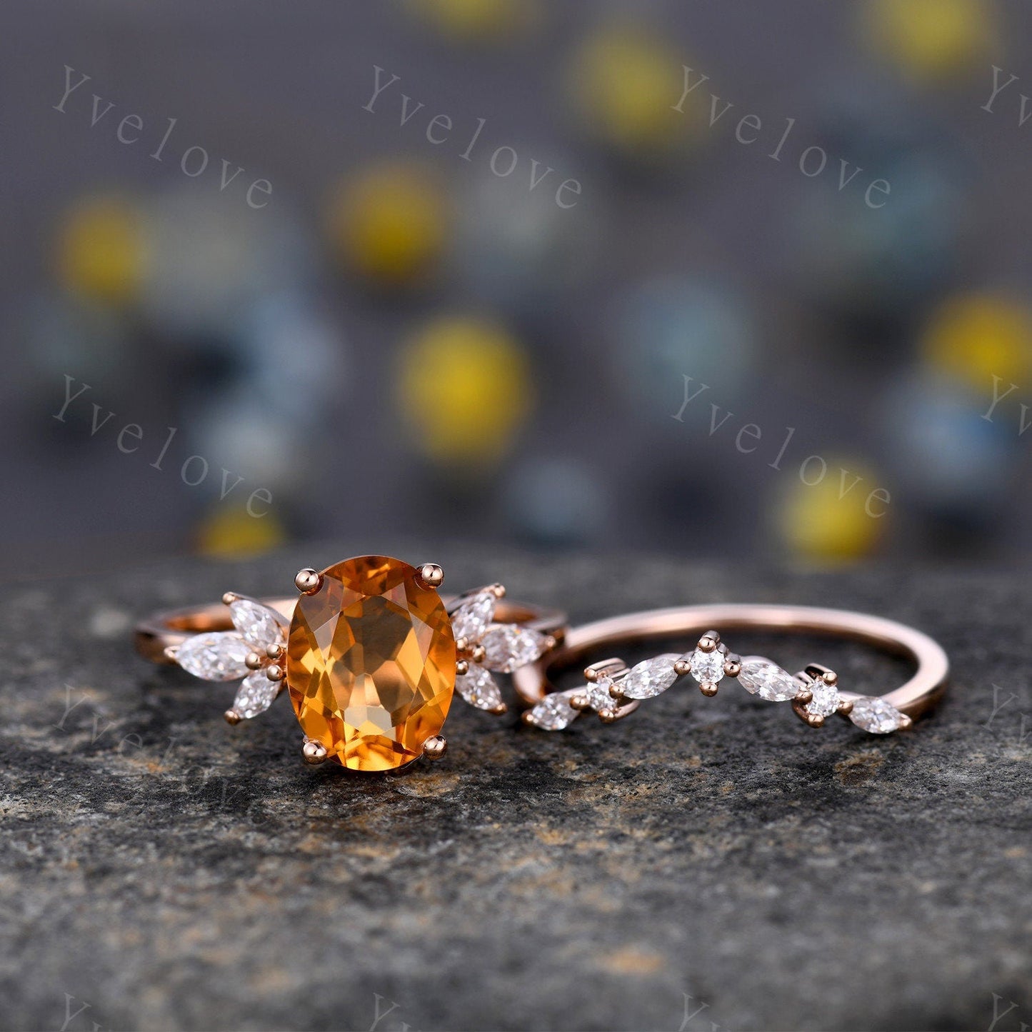 9x7mm Citrine Ring for Women, Citrine Wedding Ring Set, November Birthstone, Oval Cut Citrine, Moissanite Eternity Wedding Band, Art Deco
