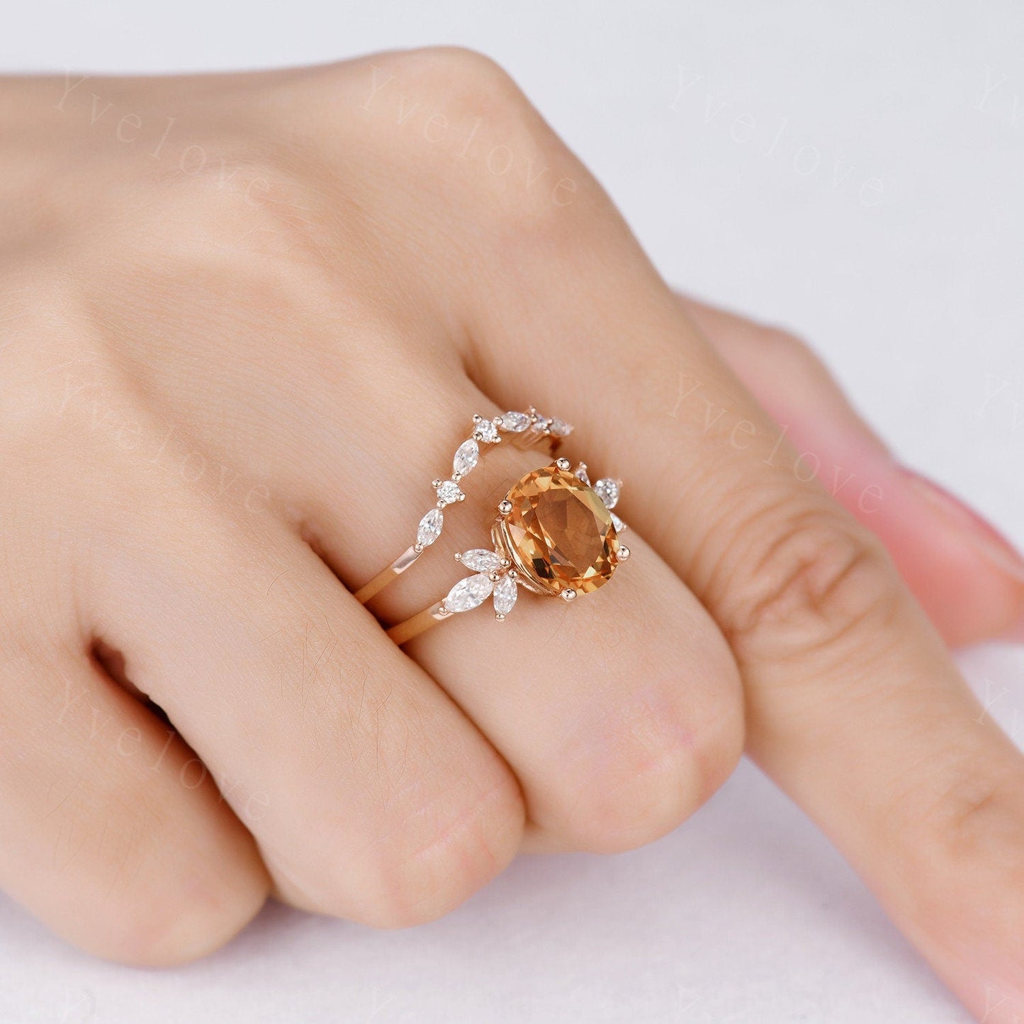 9x7mm Citrine Ring for Women, Citrine Wedding Ring Set, November Birthstone, Oval Cut Citrine, Moissanite Eternity Wedding Band, Art Deco