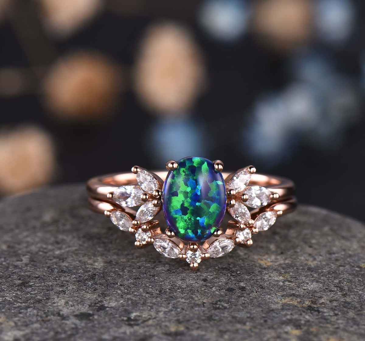 Moss Agate Engagement Ring Set Women Stacking Matching Band Diamond/Moissanite Eternity Ring Unique Vintage Floral Design Promise Gift