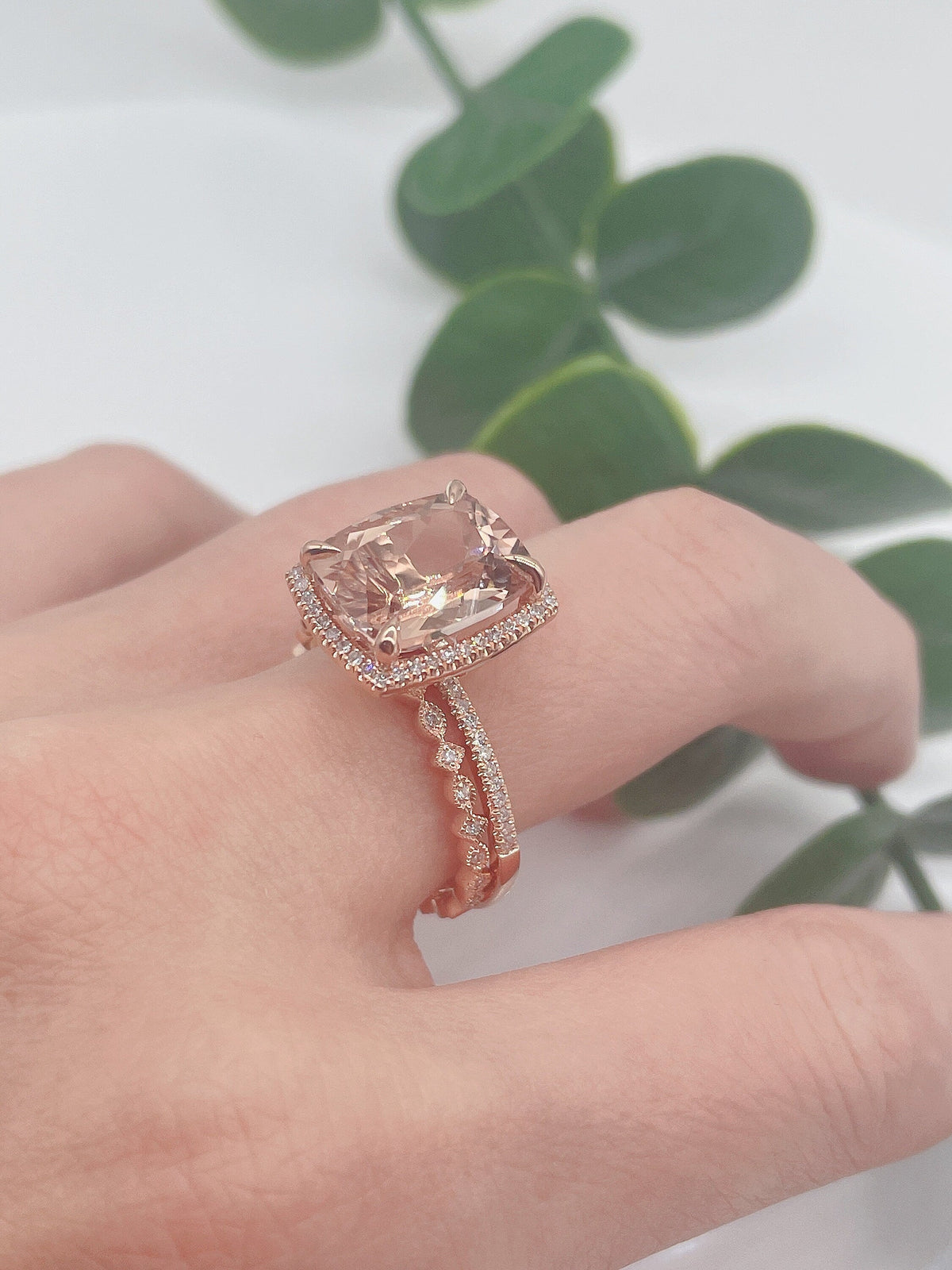 Morganite Engagement Ring Set: 14K Rose Gold, Halo Diamond