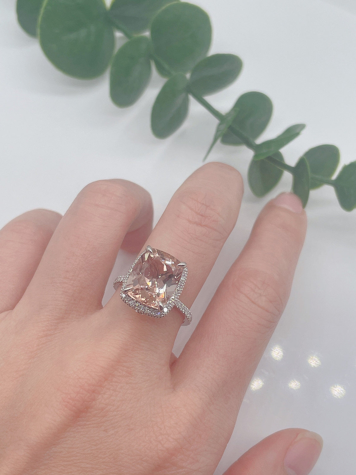 Cushion Cut Morganite Engagement Ring, Diamond Halo, White Gold Band