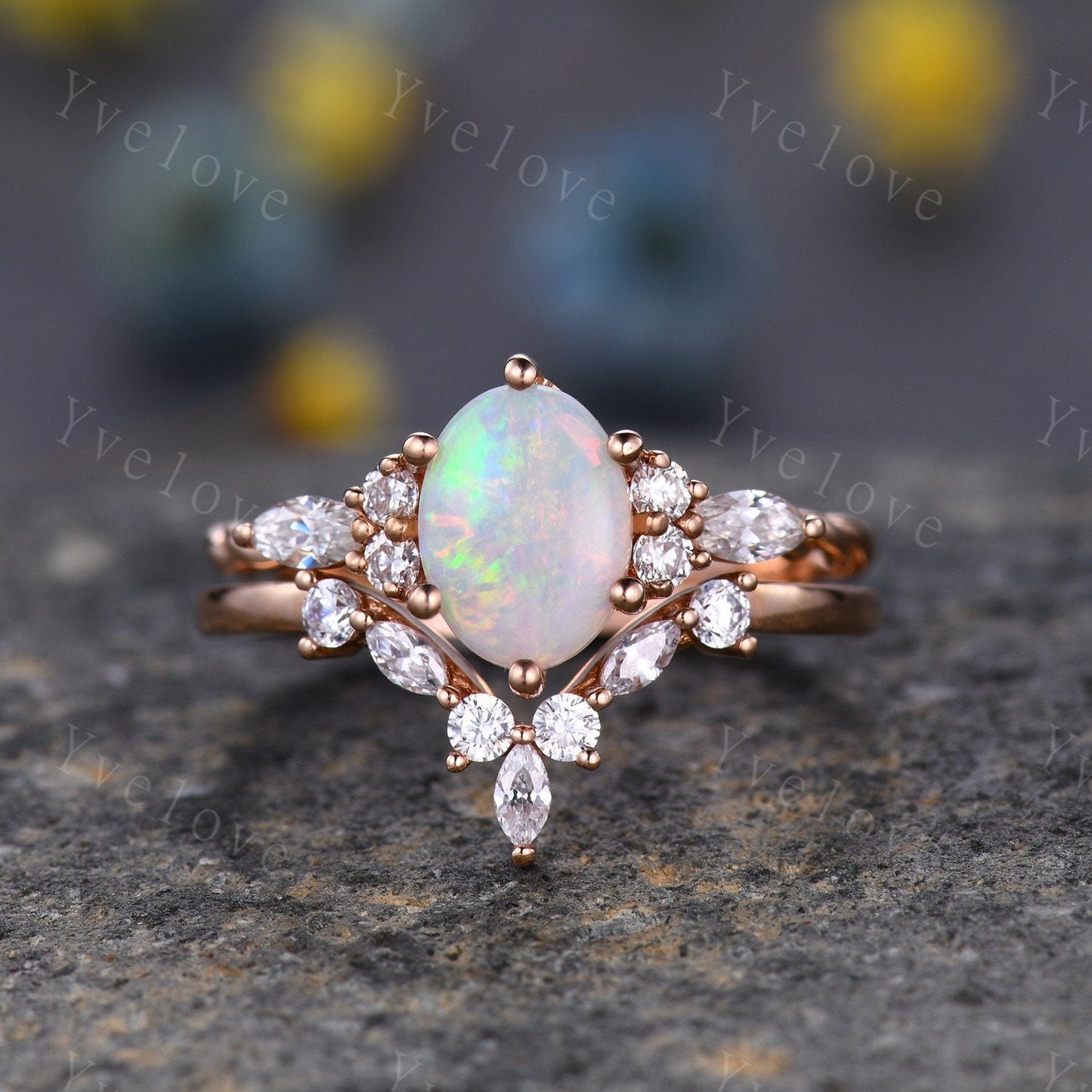 Vintage white opal Engagement Ring set,oval cut natural opal ring,twisted band,bridal ring set,V shaped curved band,moissanite ring wedding