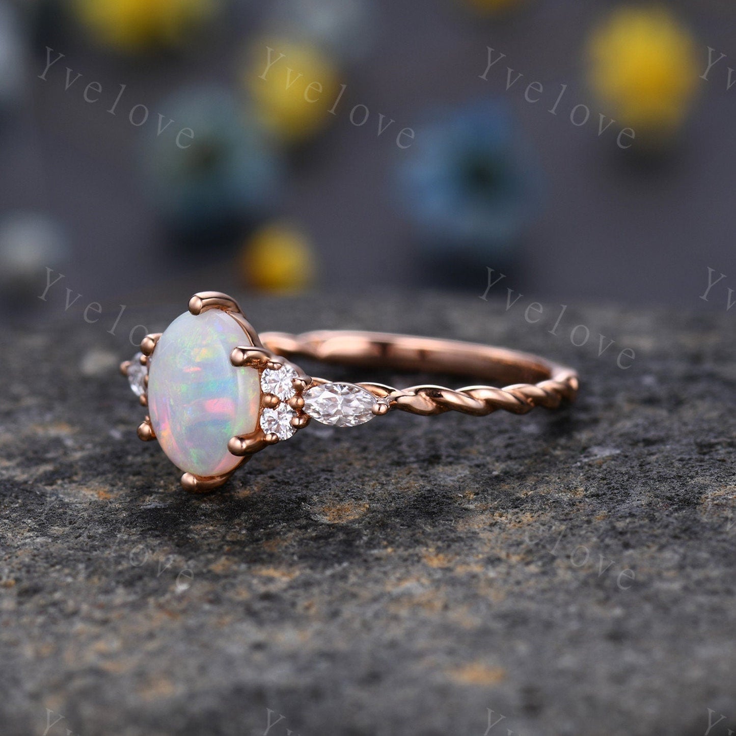 Vintage white opal Engagement Ring set,oval cut natural opal ring,twisted band,bridal ring set,V shaped curved band,moissanite ring wedding