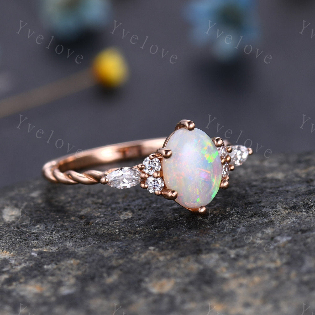 Dainty Natural Oval Cut Opal Ring, Opal Stacking Ring,White Opal Ring,Rose Gold Opal Ring,Delicate Opal Ring,Twisted Band,Bridesmaid Gift