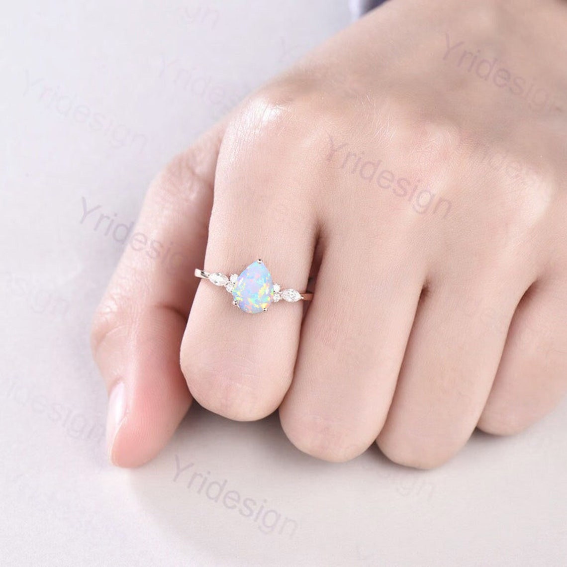 Retro Pear Shaped Opal Ring Rose Gold Fire Opal Ruby Engagement Ring Seven Stone Cluster Promise Ring October Birthstone Anniversary gift