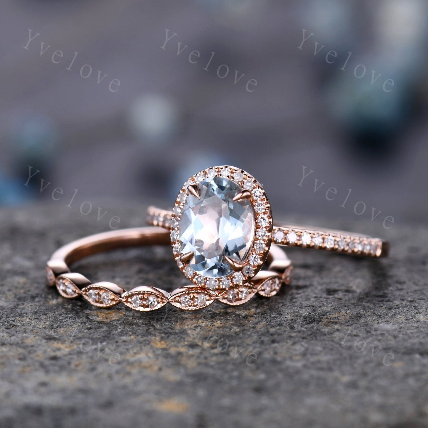 Aquamarine engagement ring rose gold promise ring 6x8mm oval cut natural VS aquamarine solid 14k diamond band halo ring custom ring