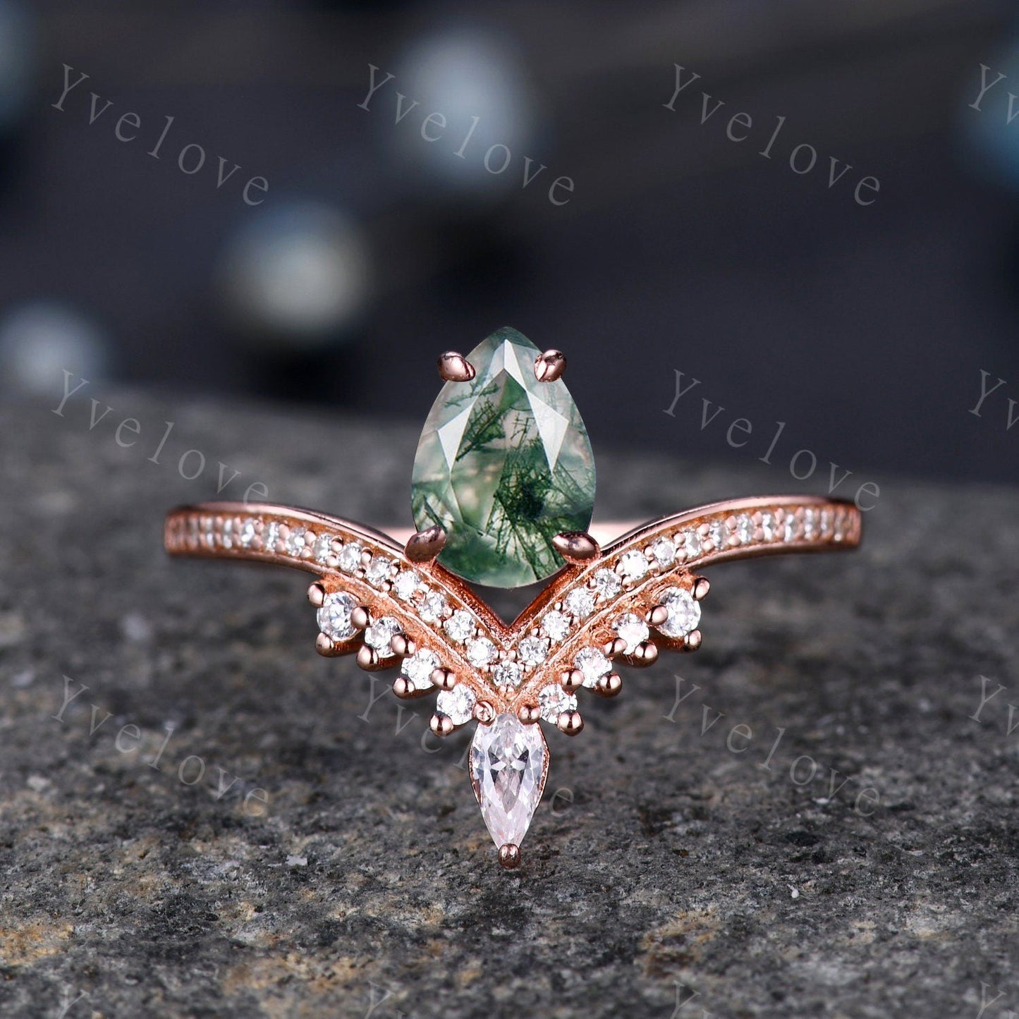 Pear moss agate ring 14k Solid Gold Vintage moss agate engagement ring set  Curved diamond Band Ring women art deco vintage moss engagement