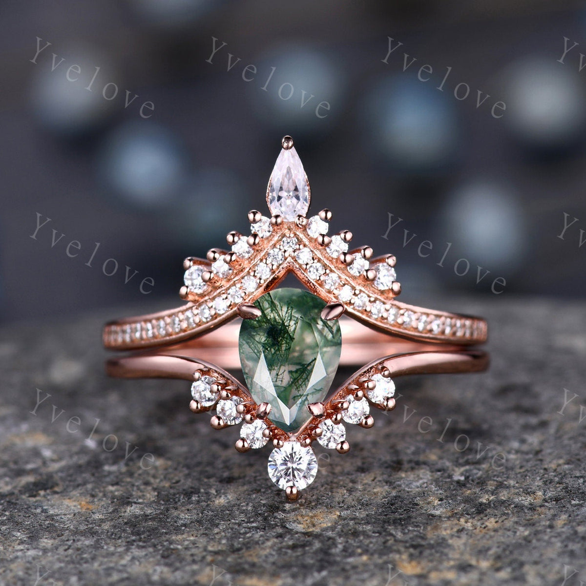 Pear moss agate ring 14k Solid Gold Vintage moss agate engagement ring set  Curved diamond Band Ring women art deco vintage moss engagement