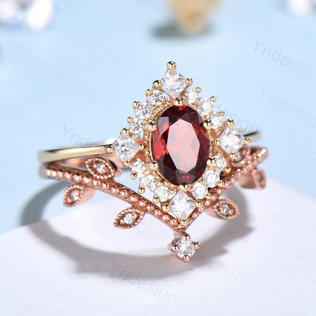 Oval Garnet Art Deco Bridal Set - Rose Gold Vintage Halo Engagement Ring