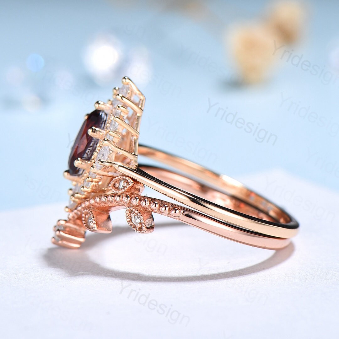 Oval Garnet Art Deco Bridal Set - Rose Gold Vintage Halo Engagement Ring