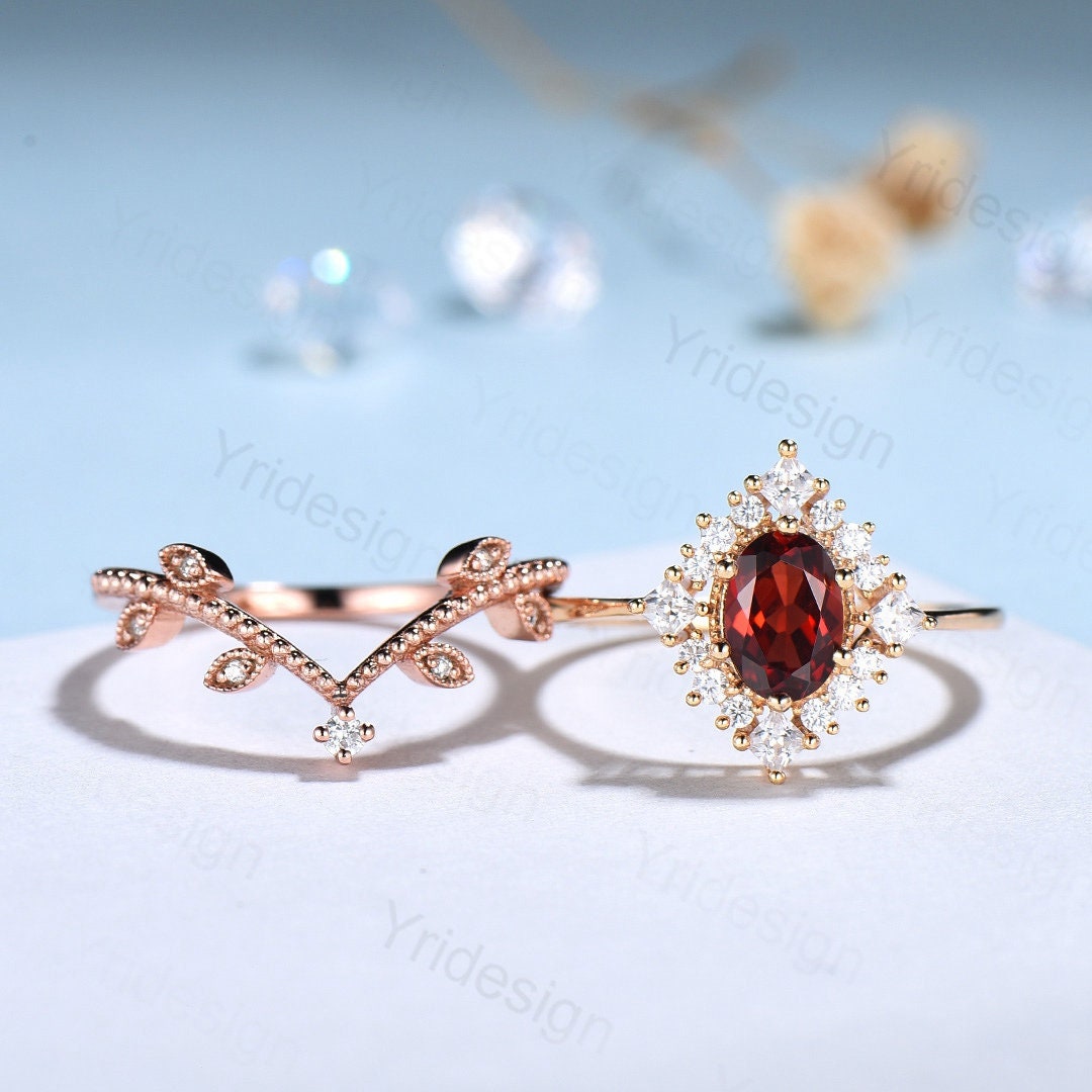 Oval Garnet Art Deco Bridal Set - Rose Gold Vintage Halo Engagement Ring