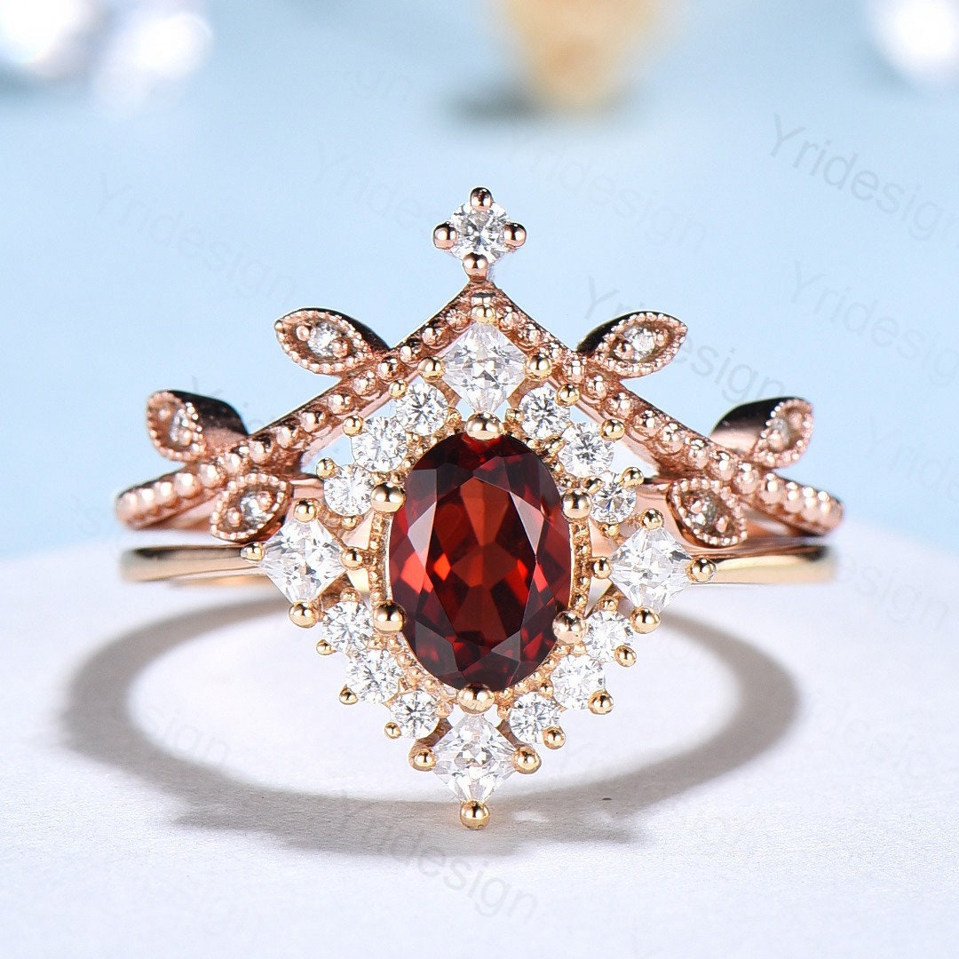 Oval Garnet Art Deco Bridal Set - Rose Gold Vintage Halo Engagement Ring