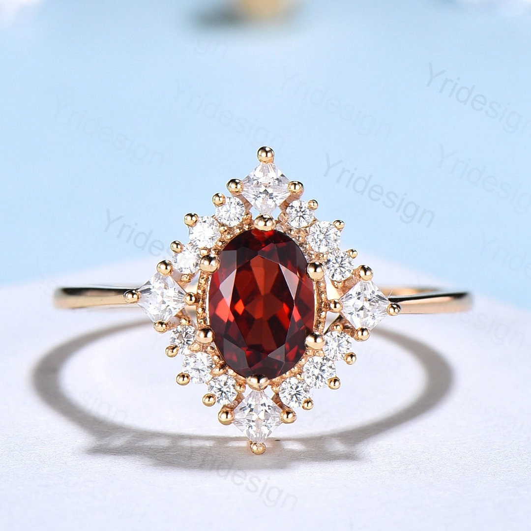 Oval Garnet Art Deco Bridal Set - Rose Gold Vintage Halo Engagement Ring