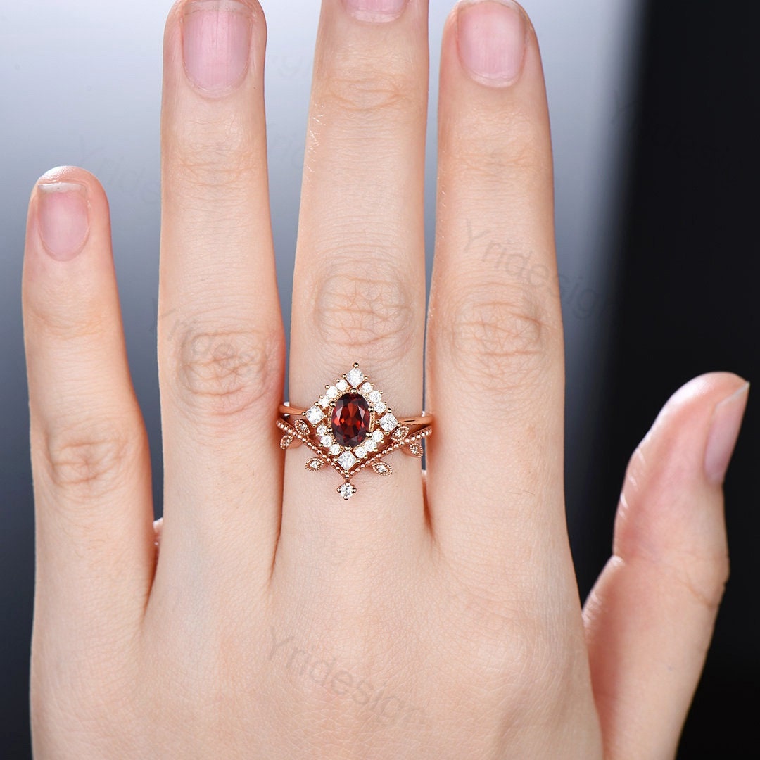 Oval Garnet Art Deco Bridal Set - Rose Gold Vintage Halo Engagement Ring