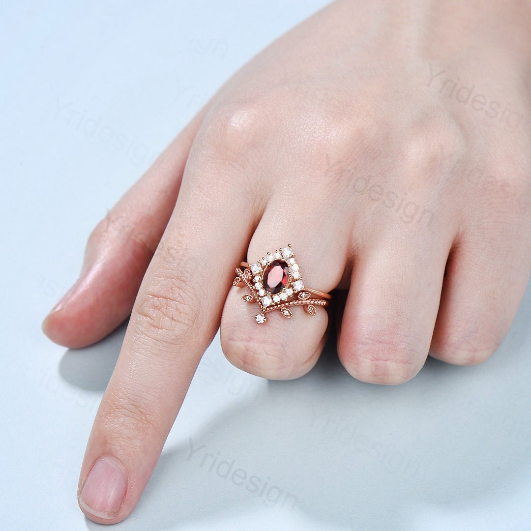 Oval Garnet Art Deco Bridal Set - Rose Gold Vintage Halo Engagement Ring