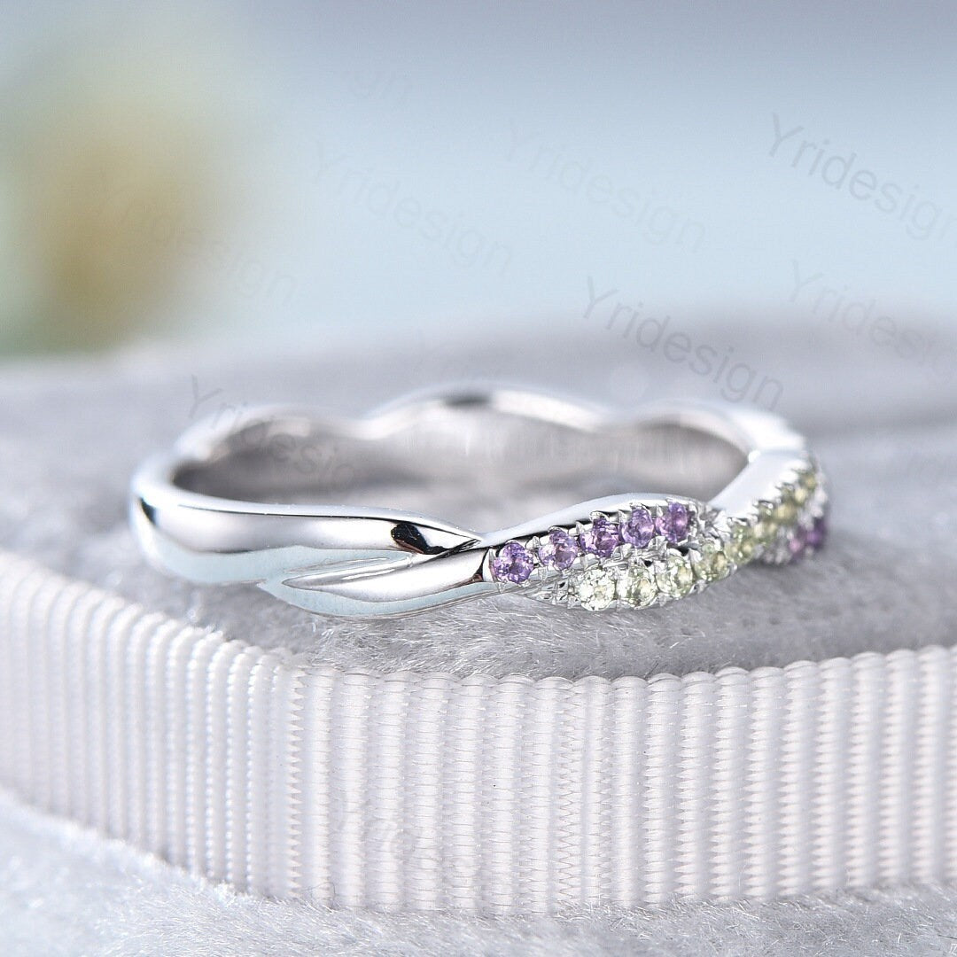 Natural amethyst peridot wedding ring infinity wedding band women half eternity stacking ring white gold Bridal Ring Anniversary Gift