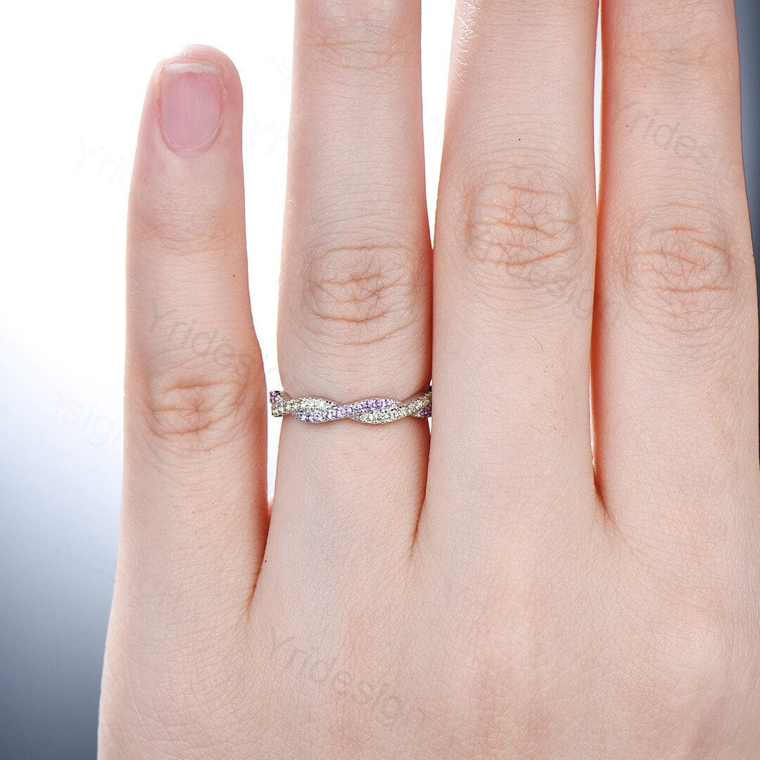 Natural amethyst peridot wedding ring infinity wedding band women half eternity stacking ring white gold Bridal Ring Anniversary Gift