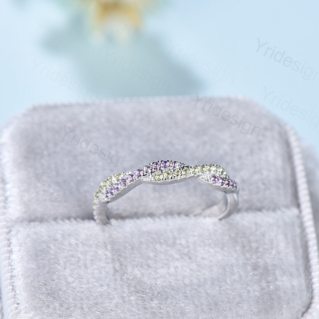 Natural amethyst peridot wedding ring infinity wedding band women half eternity stacking ring white gold Bridal Ring Anniversary Gift