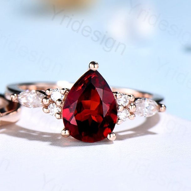 Vintage pear shaped garnet engagement ring set 14k rose gold marquise cut moissanite ring for women unique bridal wedding ring set