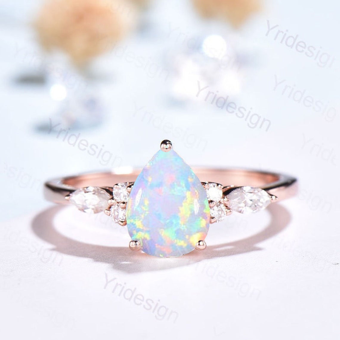 Retro Pear Shaped Opal Ring Rose Gold Fire Opal Ruby Engagement Ring Seven Stone Cluster Promise Ring October Birthstone Anniversary gift