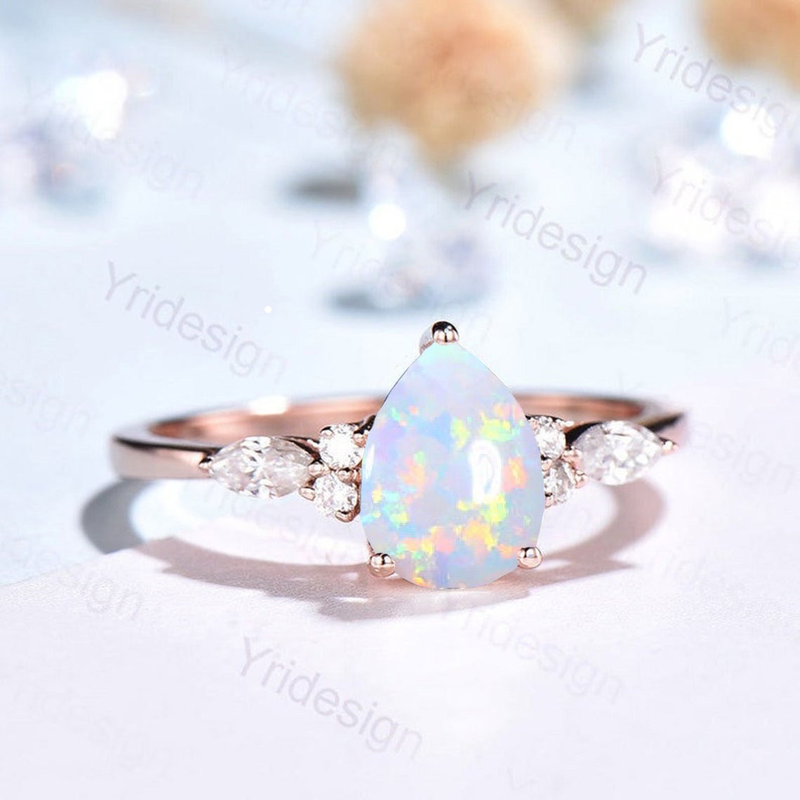 Retro Pear Shaped Opal Ring Rose Gold Fire Opal Ruby Engagement Ring Seven Stone Cluster Promise Ring October Birthstone Anniversary gift