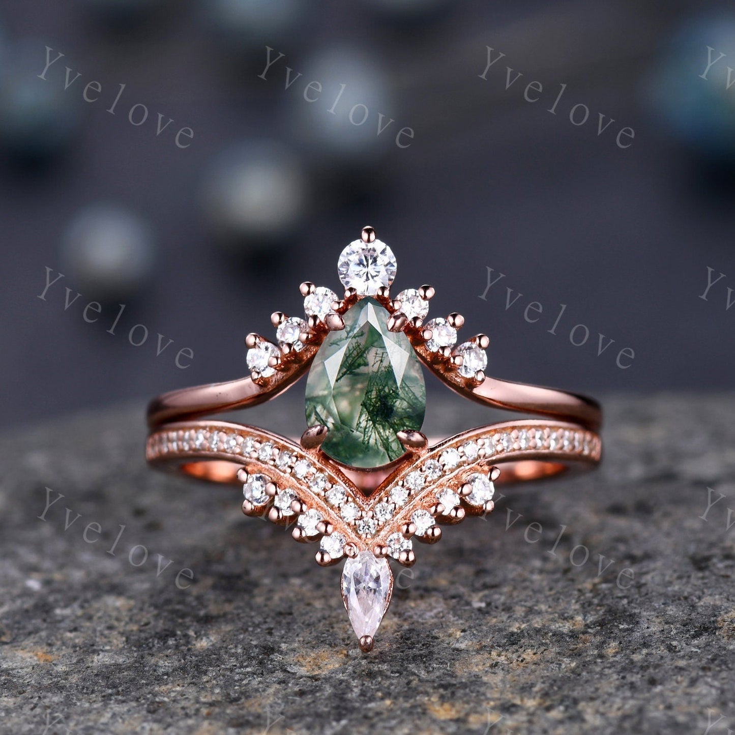 Pear moss agate ring 14k Solid Gold Vintage moss agate engagement ring set  Curved diamond Band Ring women art deco vintage moss engagement