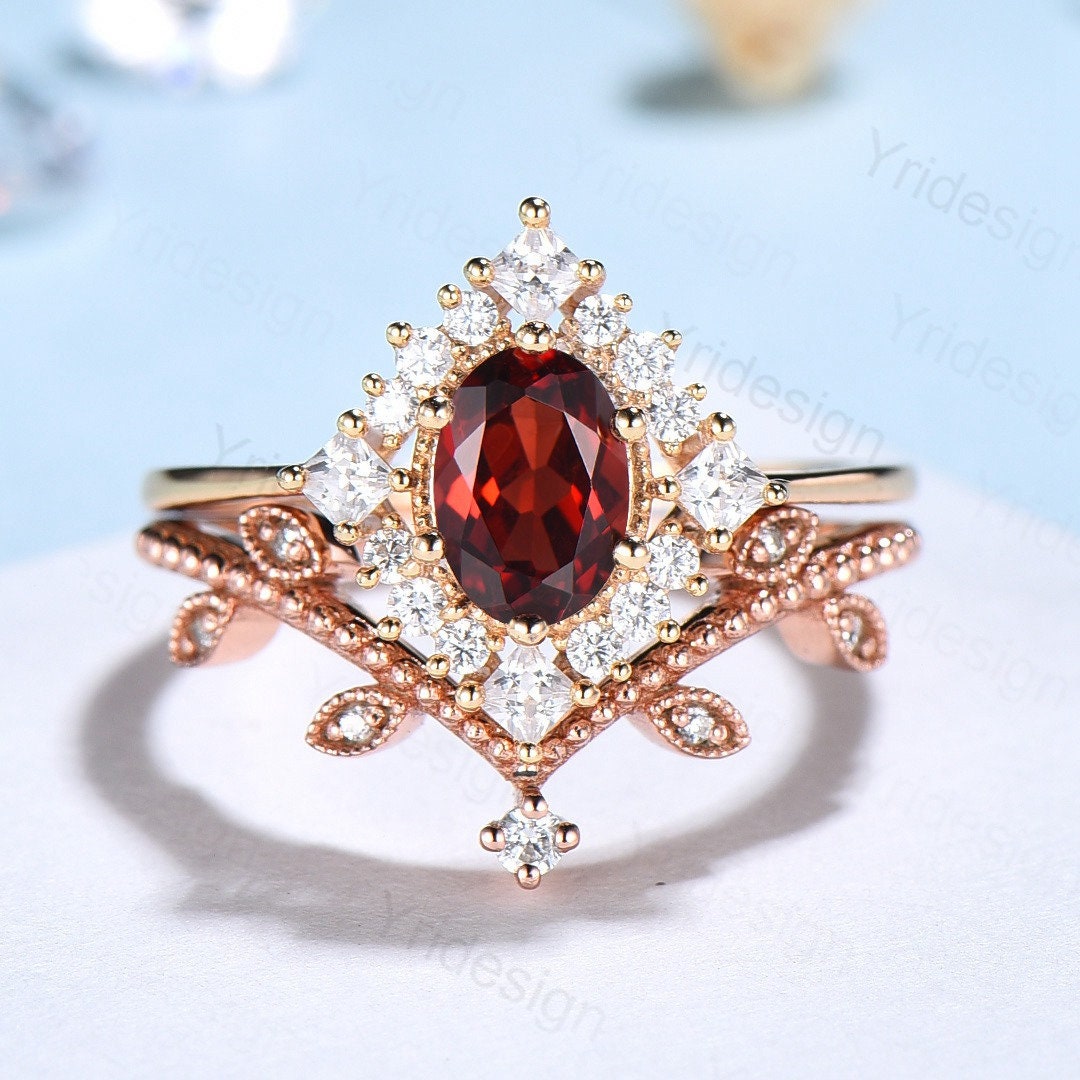 Oval Garnet Art Deco Bridal Set - Rose Gold Vintage Halo Engagement Ring