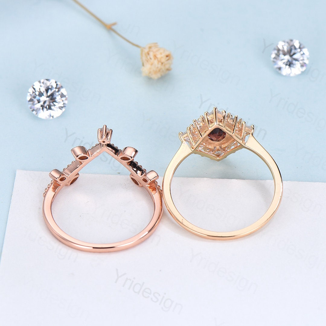 Oval Garnet Art Deco Bridal Set - Rose Gold Vintage Halo Engagement Ring