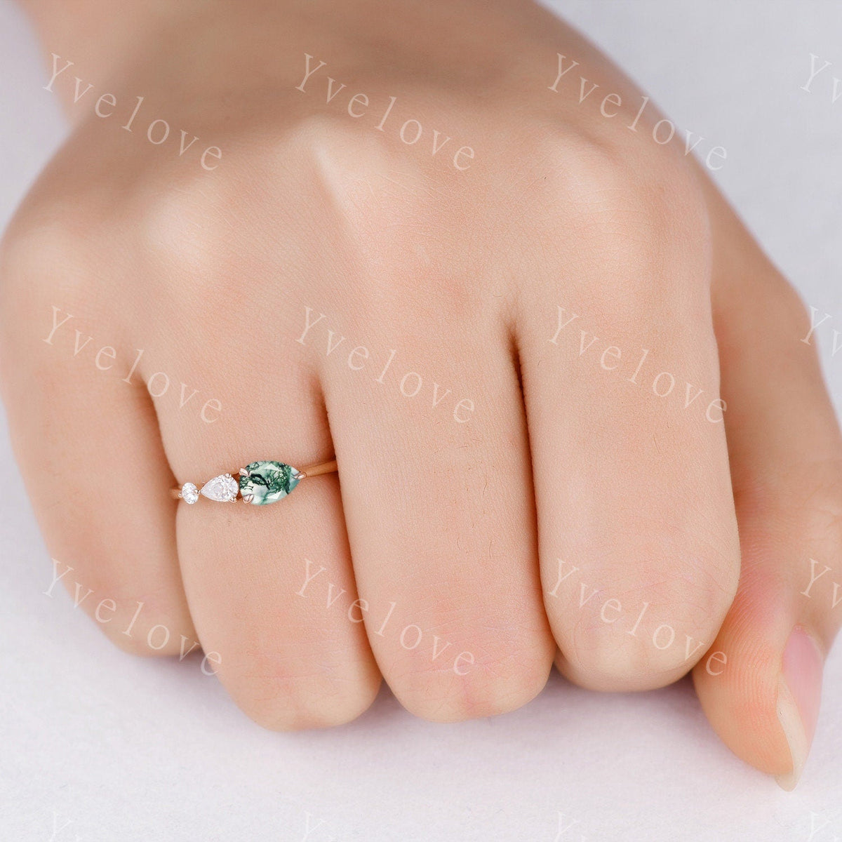 Vintage Moss Agate Ring Engagement Ring,Pear Cut Gems,Art Deco Moissanite Wedding Band,3 Stone Unique Women Bridal Promise Ring,Rose gold