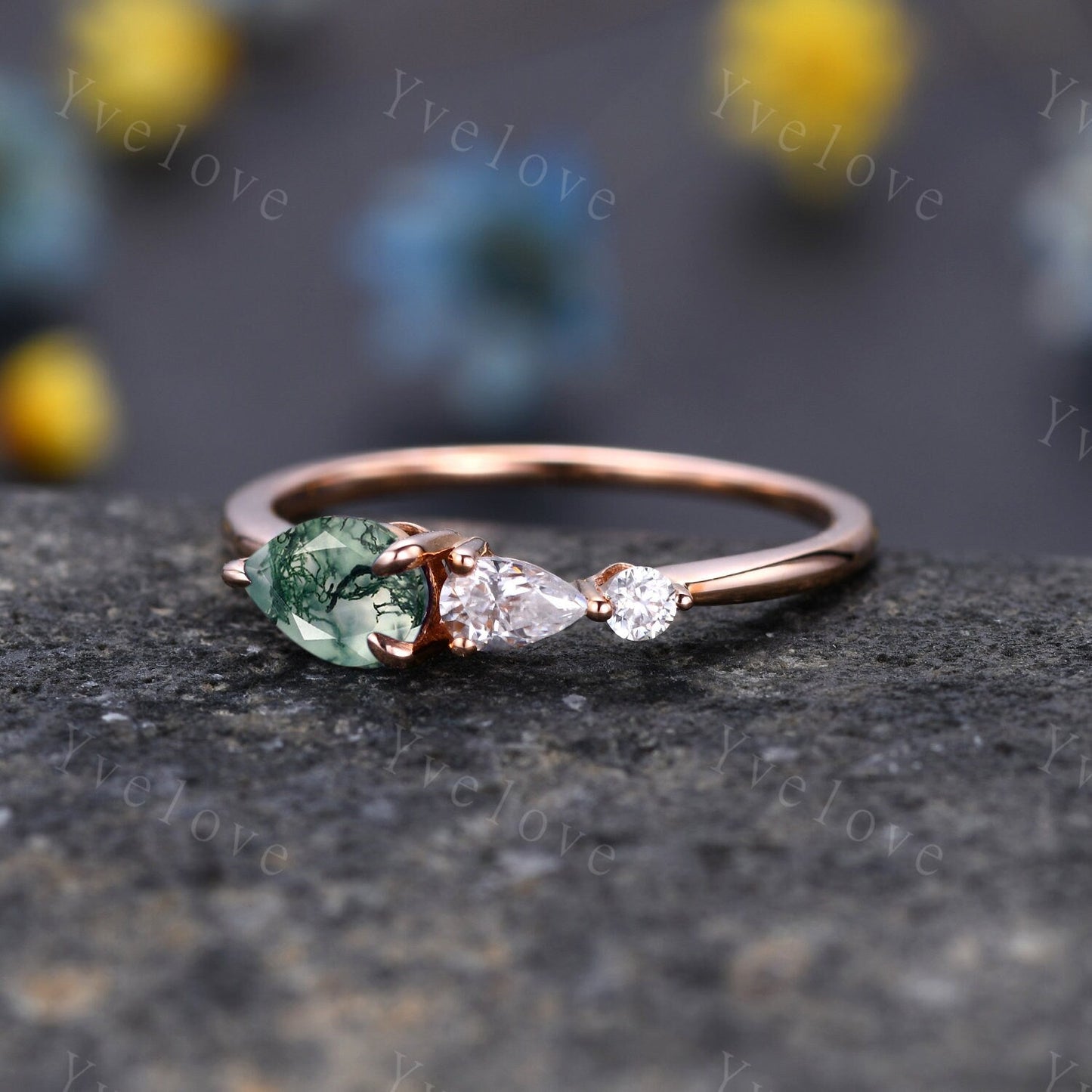 Vintage Moss Agate Ring Engagement Ring,Pear Cut Gems,Art Deco Moissanite Wedding Band,3 Stone Unique Women Bridal Promise Ring,Rose gold