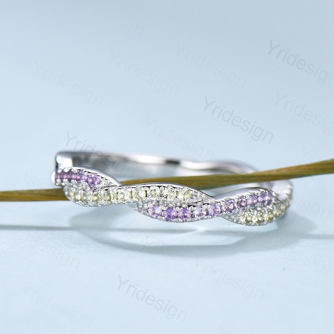 Natural amethyst peridot wedding ring infinity wedding band women half eternity stacking ring white gold Bridal Ring Anniversary Gift