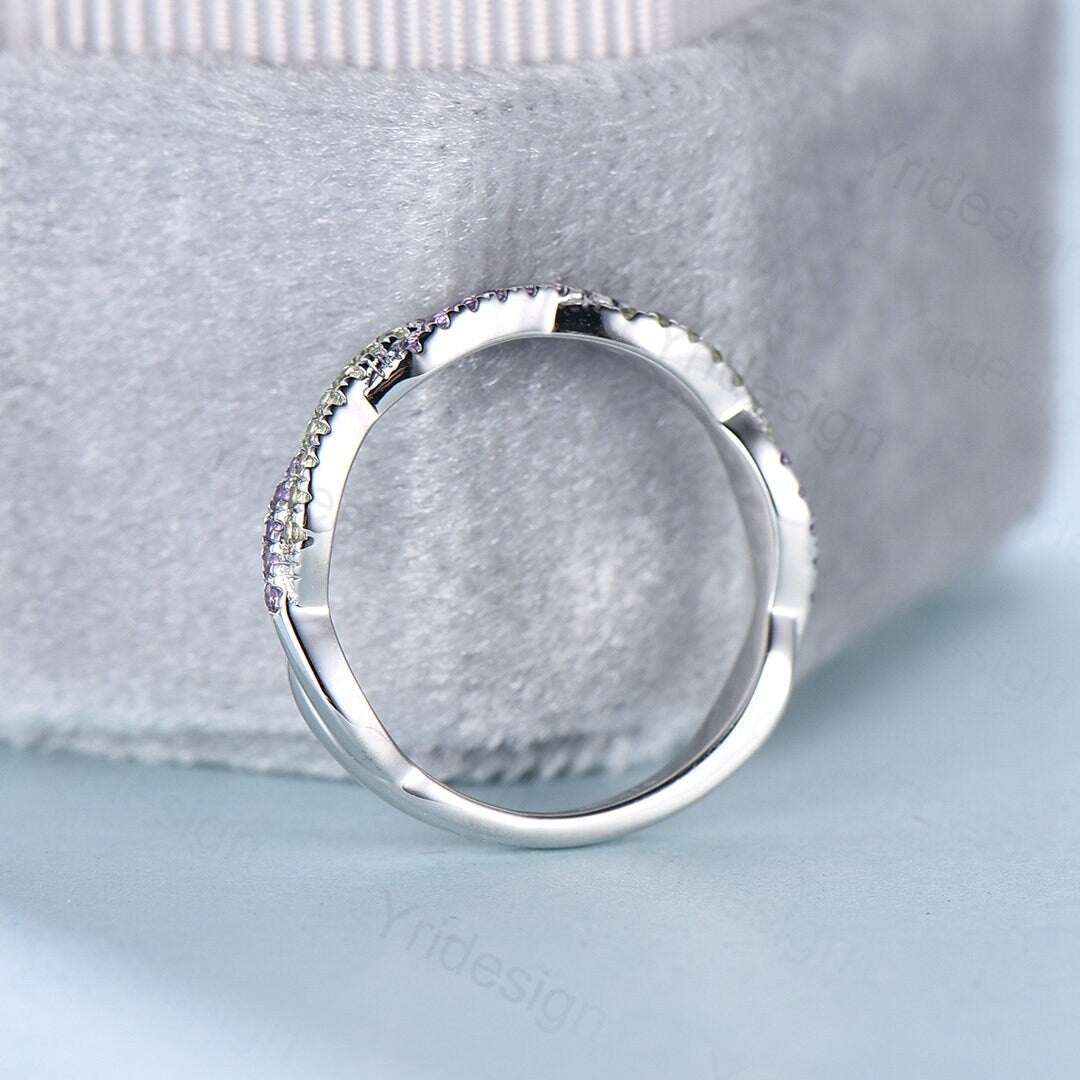 Natural amethyst peridot wedding ring infinity wedding band women half eternity stacking ring white gold Bridal Ring Anniversary Gift