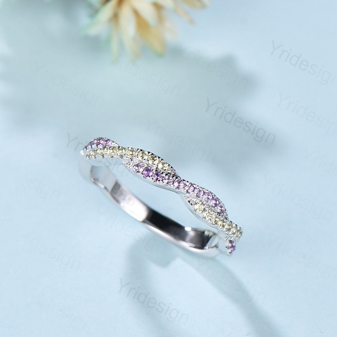 Natural amethyst peridot wedding ring infinity wedding band women half eternity stacking ring white gold Bridal Ring Anniversary Gift