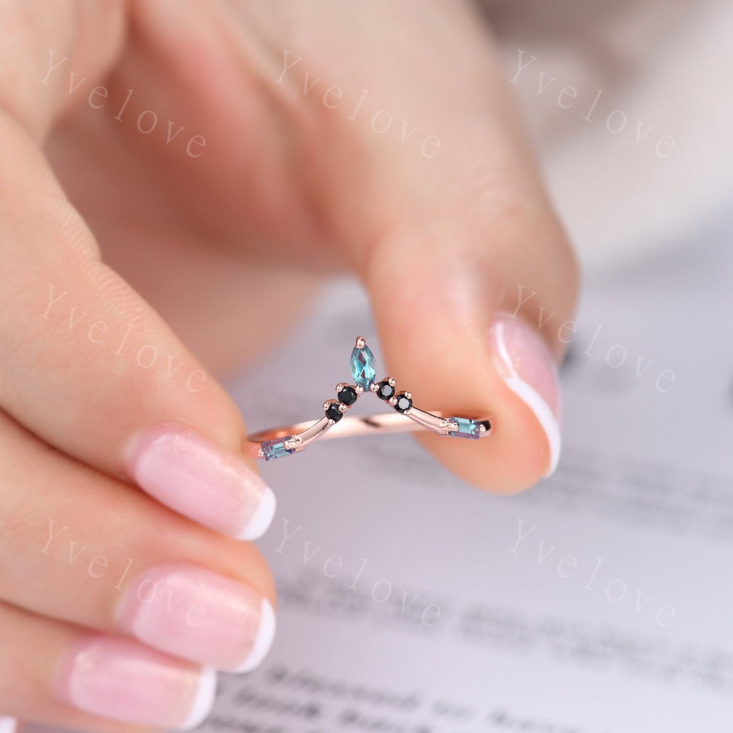 Marquise Aquamarine Wedding band,March Birthstone,Vintage Retro White Gold Ring,Black Spinel Stone,Women V Curved Stacking Band Bridal Gift