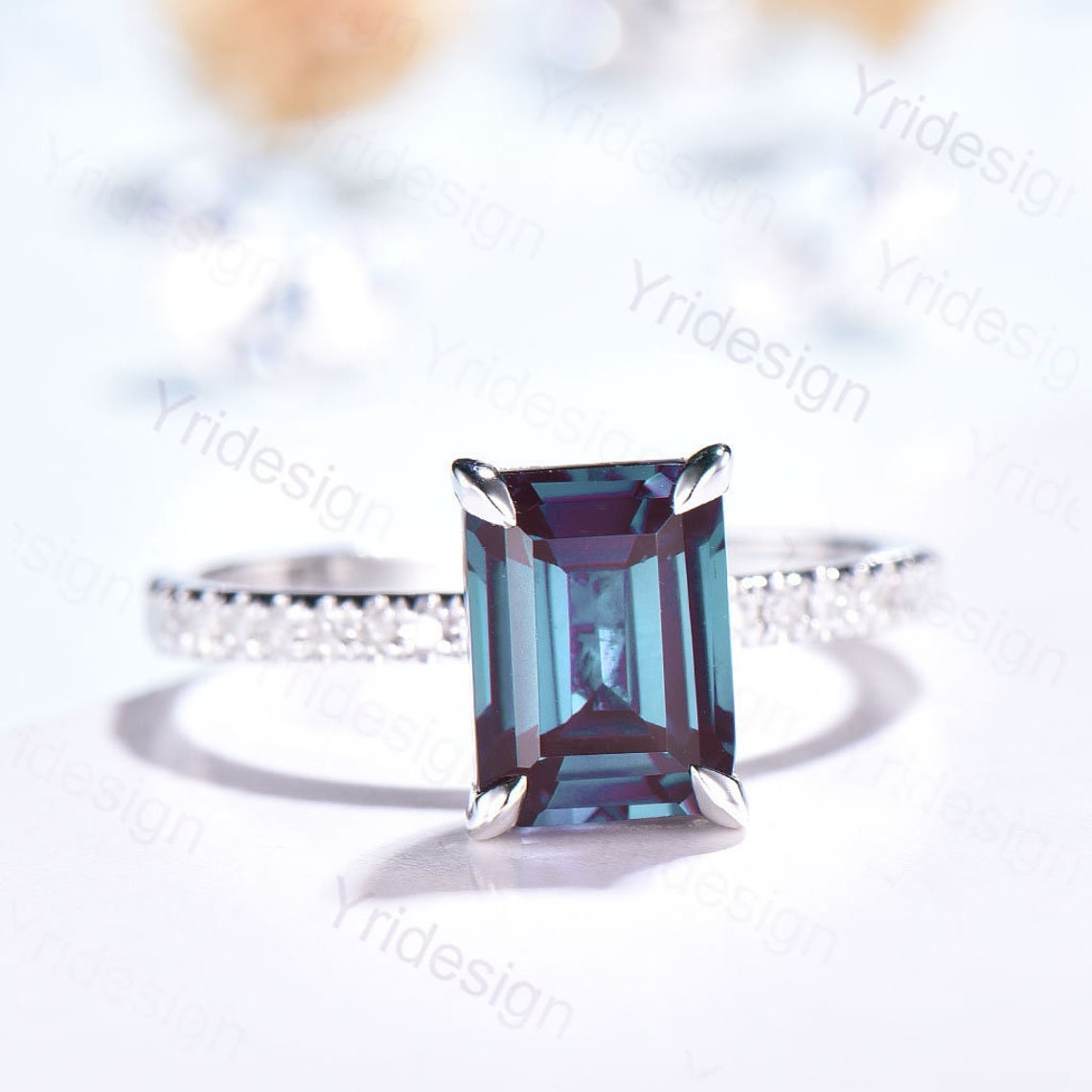 6CT Emerald Cut Alexandrite Ring 14K Rose Gold Engagement Ring Hidden Halo Moissanite Elegant Anniversary Ring For Women Basket Ball set