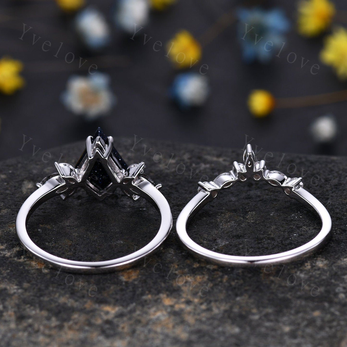 Vintage Kite Shaped Moss agate Engagement Ring Set,Unique Bridal Ring Set,Marquise Green Agate Moissanite White Gold Anniversary Ring Gift