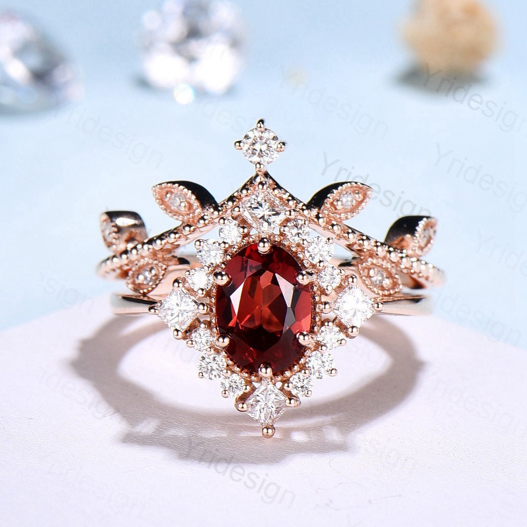 Oval Garnet Art Deco Bridal Set - Rose Gold Vintage Halo Engagement Ring