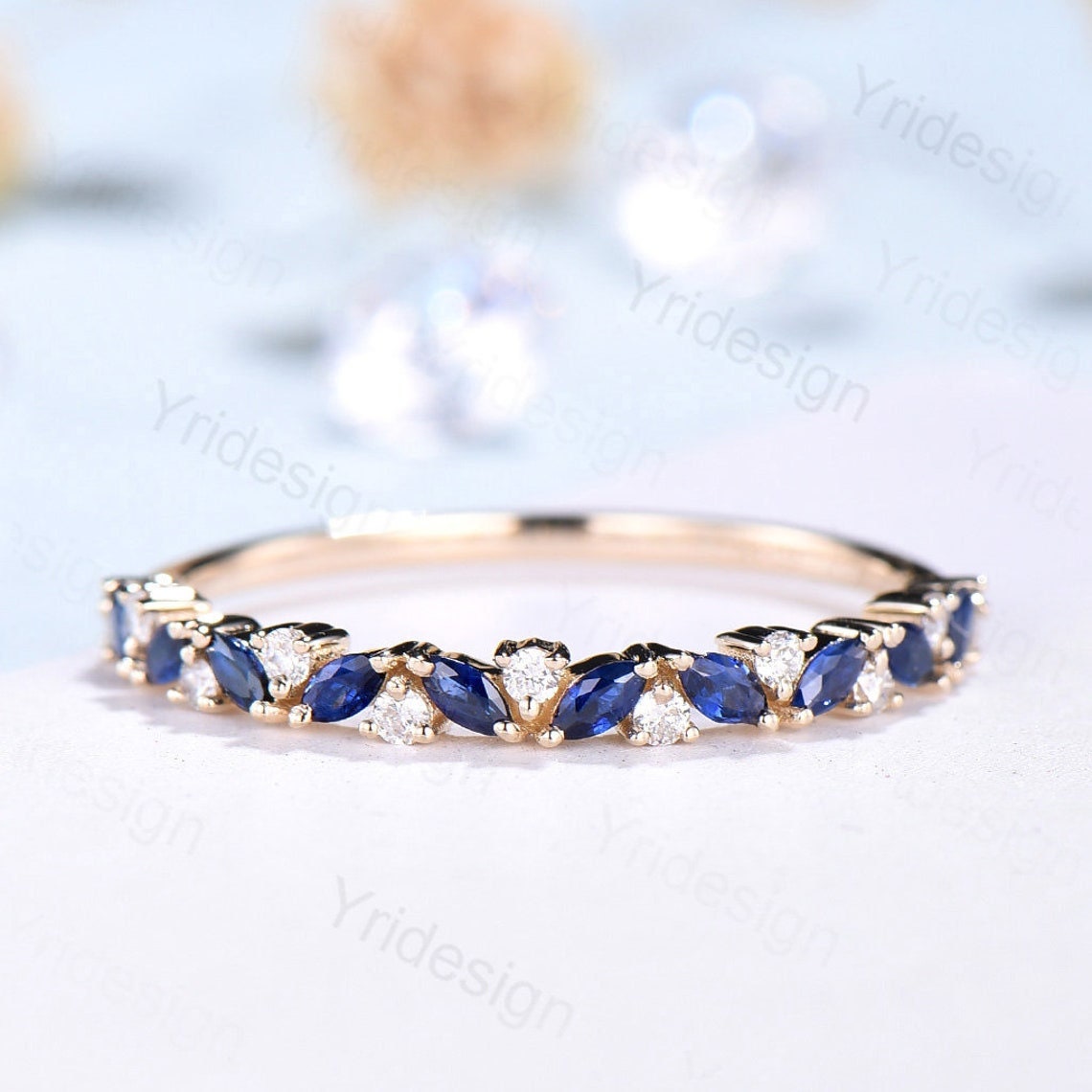 Vintage Sapphire Wedding band women rose gold marquise cut wedding band Matching Stacking half eternity Promise Simple Anniversary ring