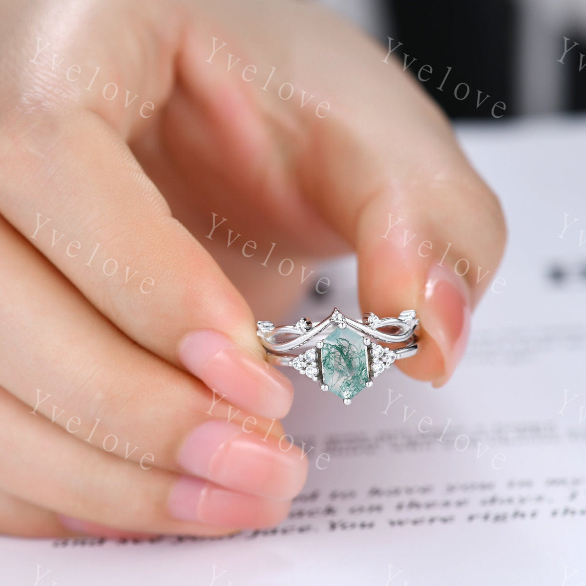 Retro Long hexagon Moss Agate Ring,Vintage Sterling Silver Ring Set,Unique Agate Engagement Ring,Promise Ring,Anniversary Ring Gift For Her