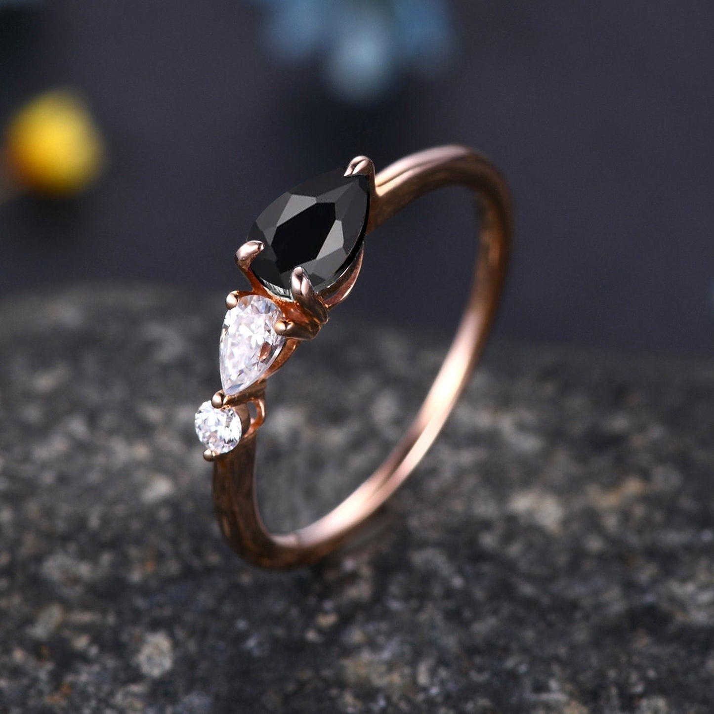 Vintage Black Onyx Engagement Ring,Pear Cut Gems,Art Deco Moissanite Wedding Band,3 Stone Unique Women Bridal Promise Ring Gift,Rose gold