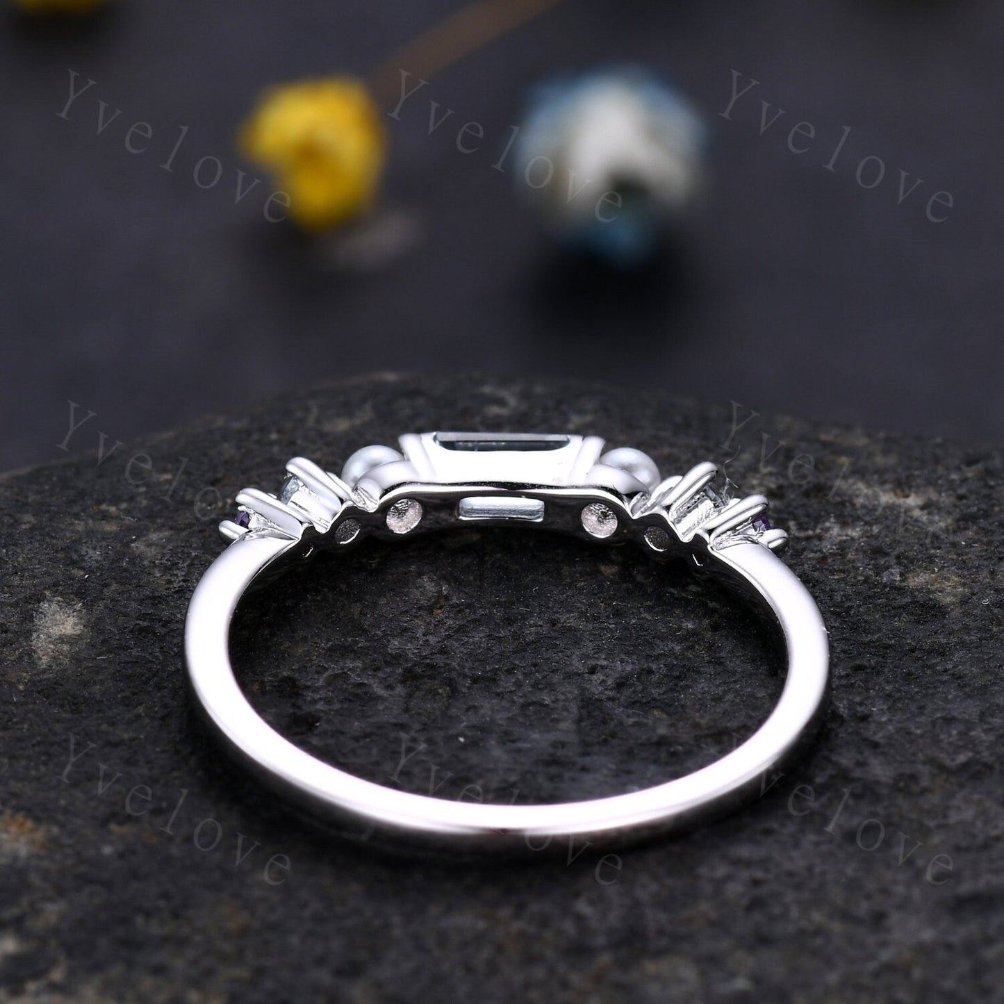 Danity Baguette aquamarine band minimalist ring natural pearl amethyst wedding band women stacking matching band white gold custom ring gift