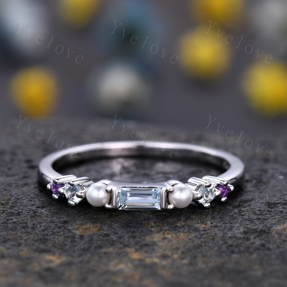 Danity Baguette aquamarine band minimalist ring natural pearl amethyst wedding band women stacking matching band white gold custom ring gift