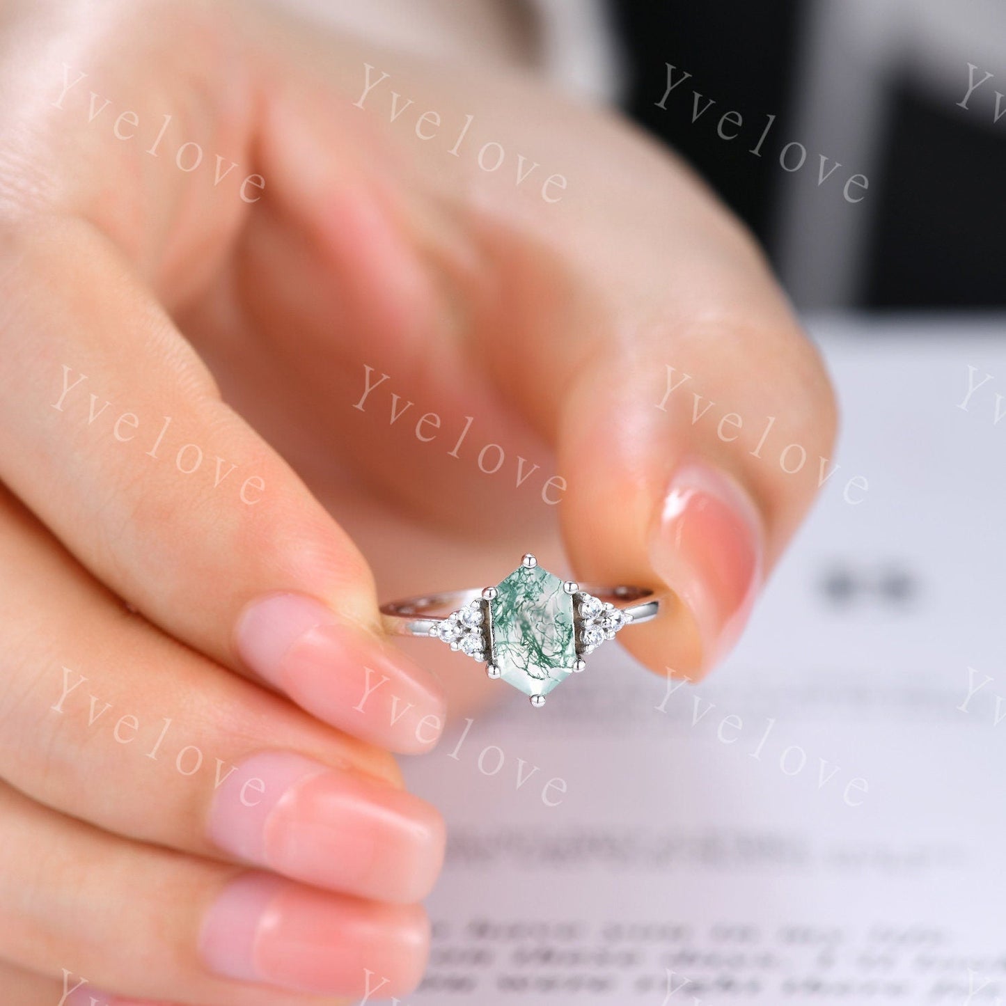 Retro Long hexagon Moss Agate Ring,Vintage Sterling Silver Ring Set,Unique Agate Engagement Ring,Promise Ring,Anniversary Ring Gift For Her
